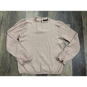 Ann Taylor Womens Ribbed Knit Sweater Blush Pink Scallop Neck Ruffle Cuff Small